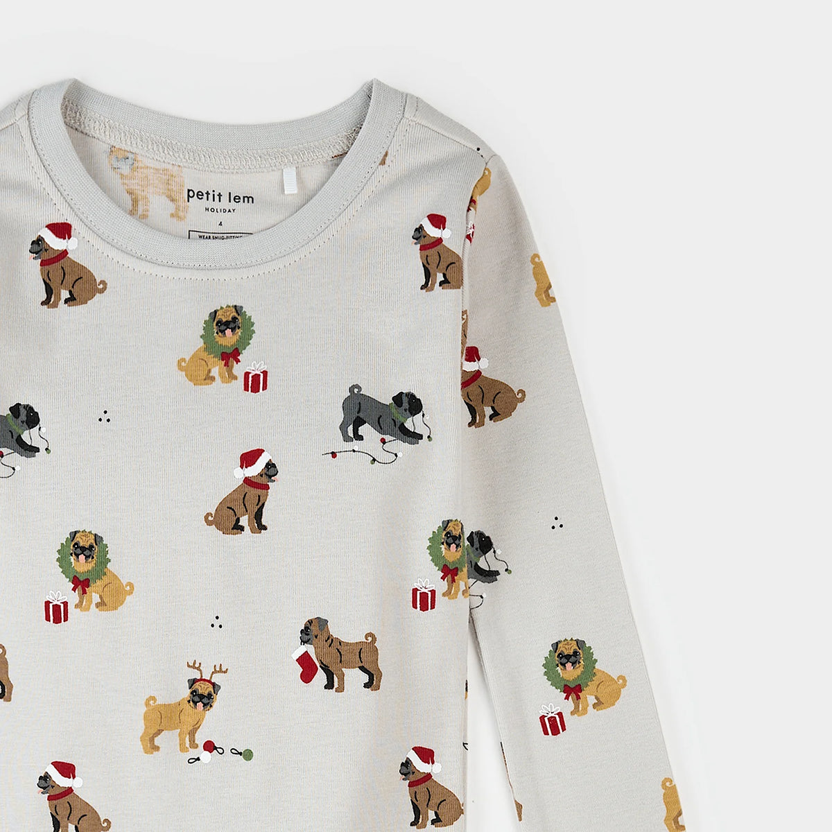 Holiday Pugs Print on Light Grey PJ Set