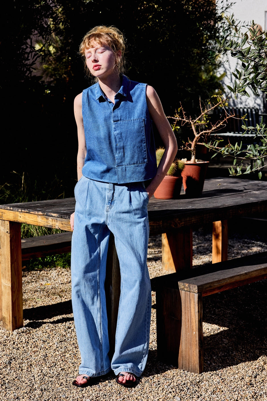 Collared Button Down Sleeveless Denim Top