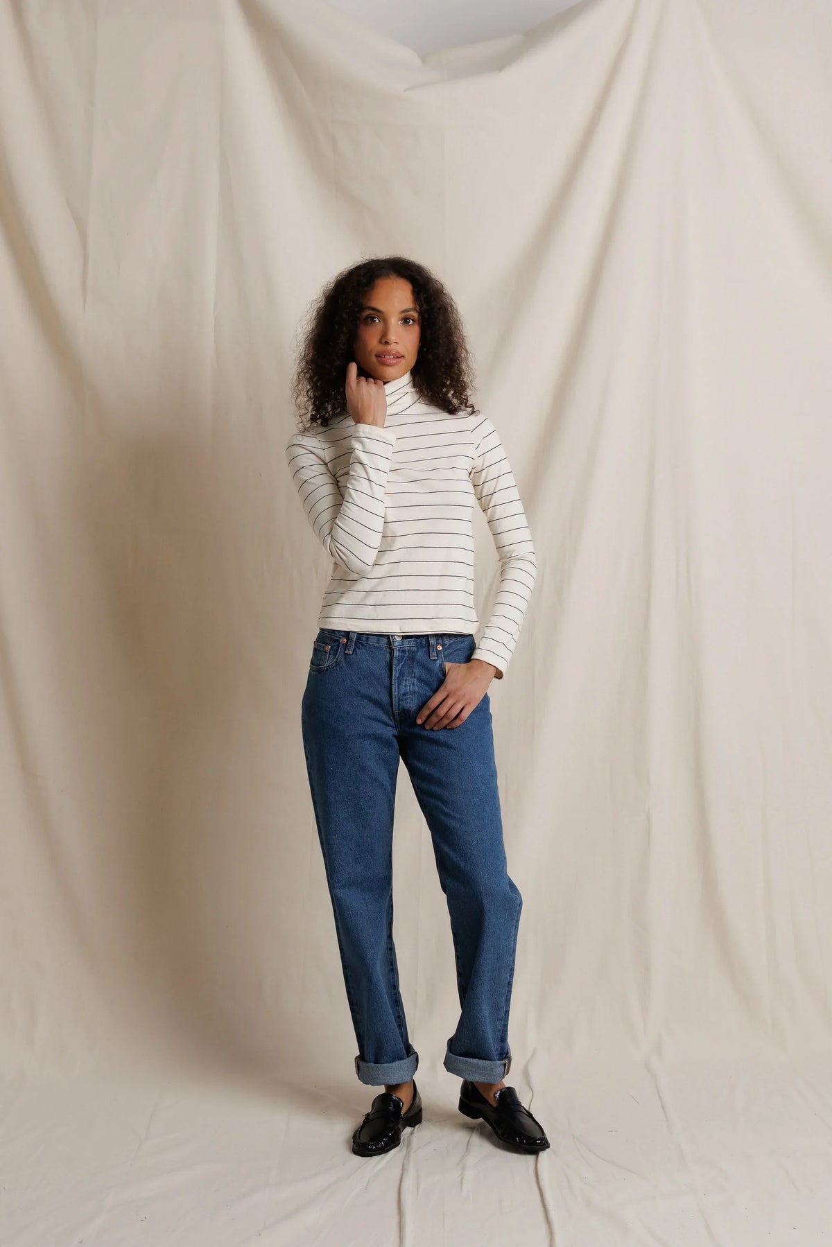 L/S Turtleneck - Natural/Black Stripe