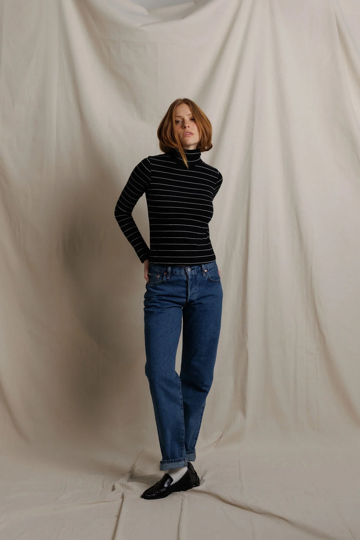 L/S Turtleneck - Black/Natural Stripe