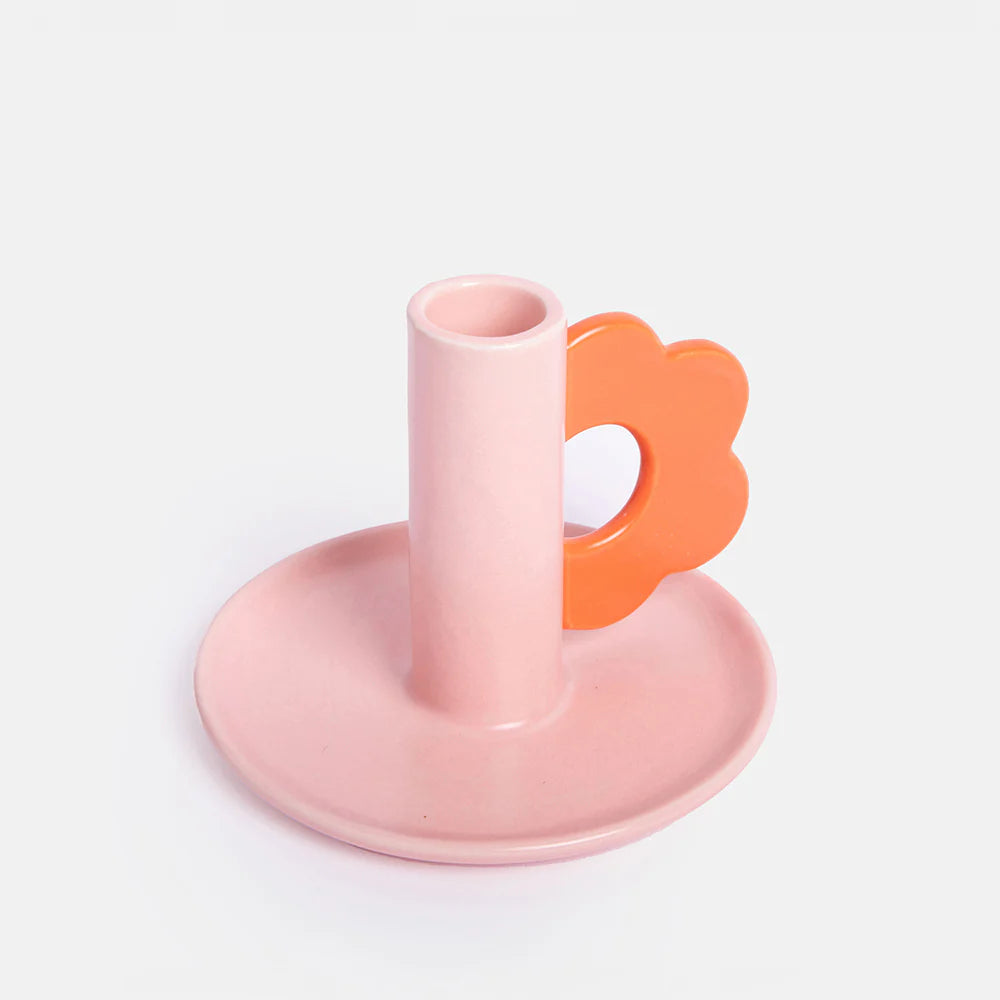 Pink/Red Flower Stoneware Candle Holder