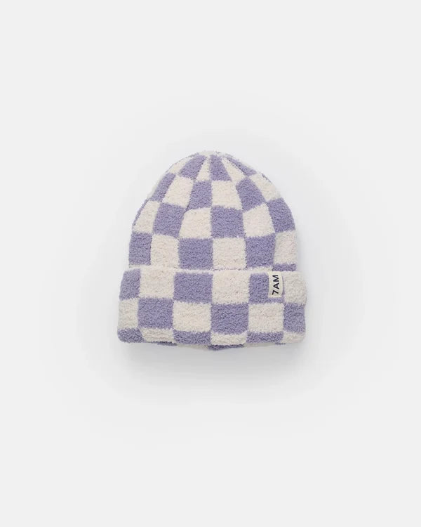 Fuzzy Checkers Beanie - Ecru/Taro