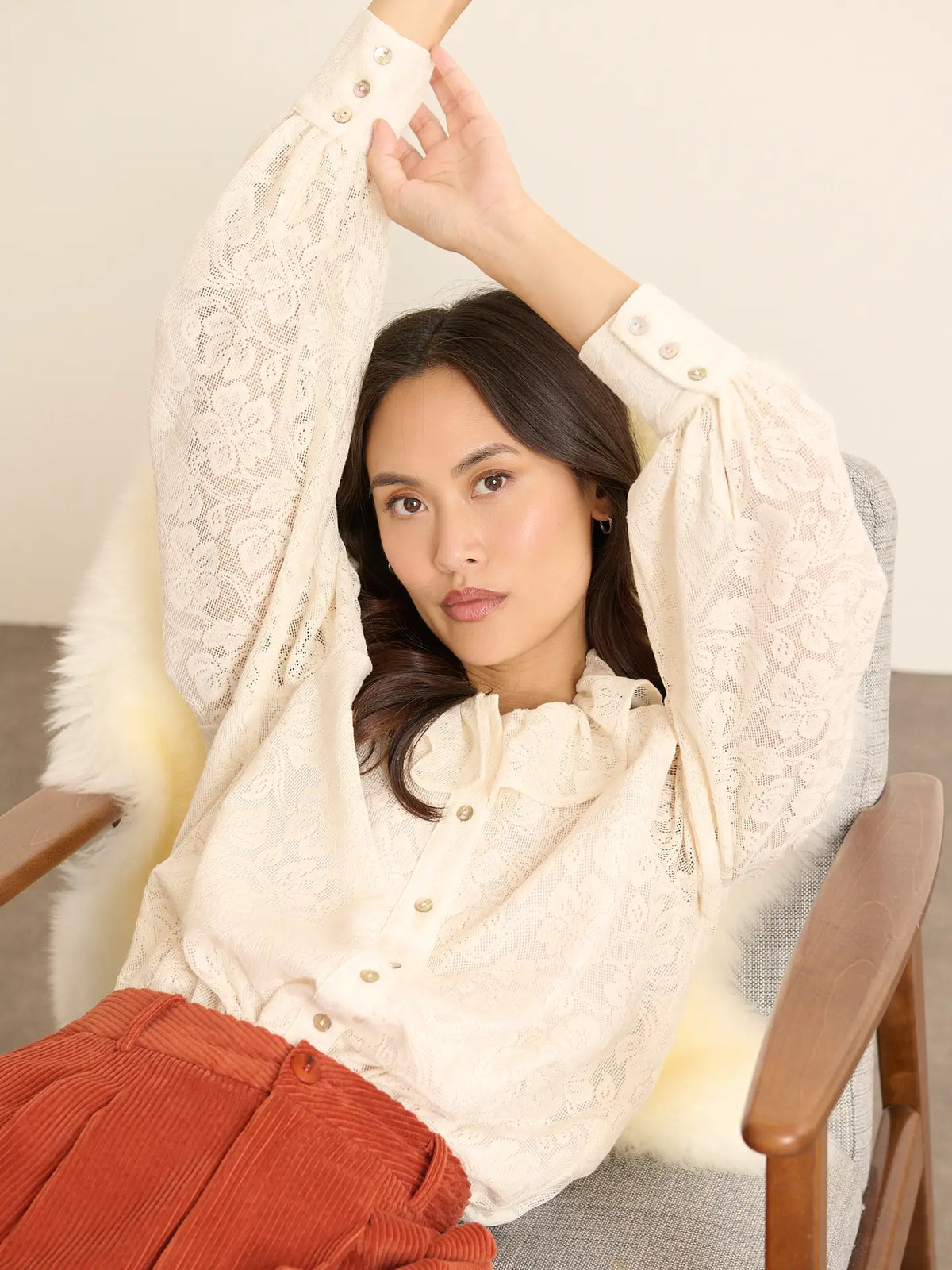 Lace Blouse with Ruffled Collar