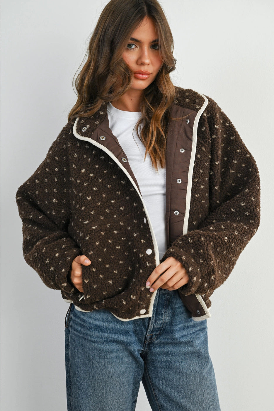 High Pile Fleece Puffer Jacket - Brown/Taupe