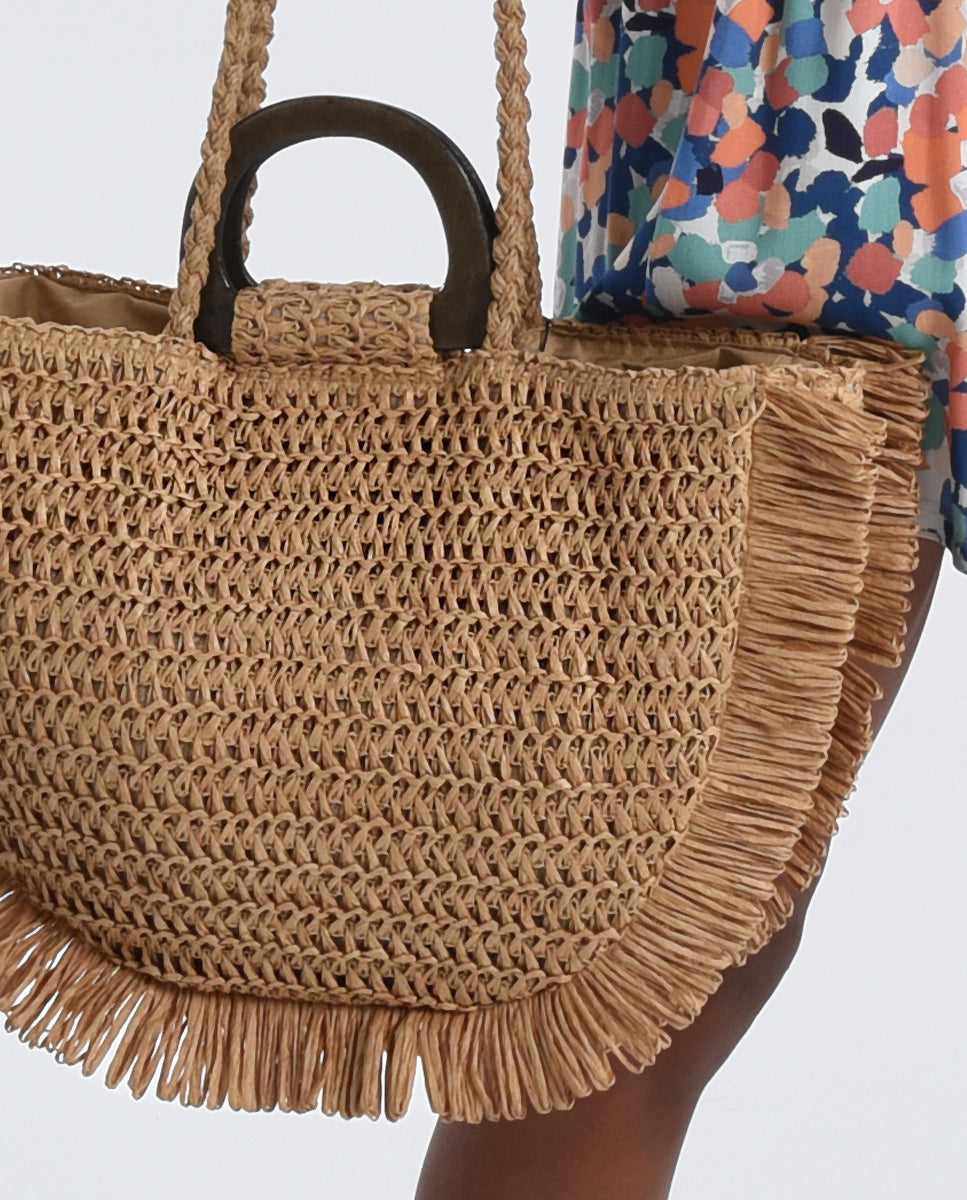 Fringed Woven Canvas Tote Bag