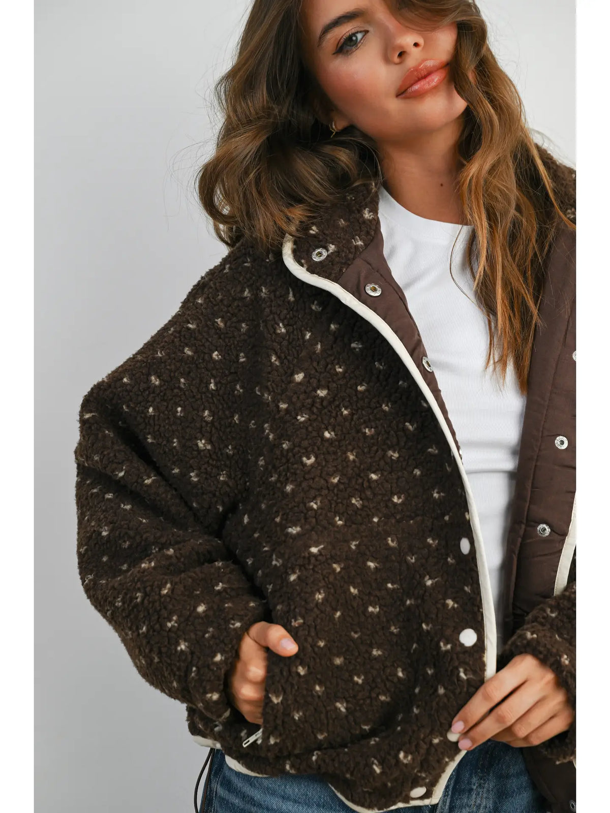 High Pile Fleece Puffer Jacket - Brown/Taupe