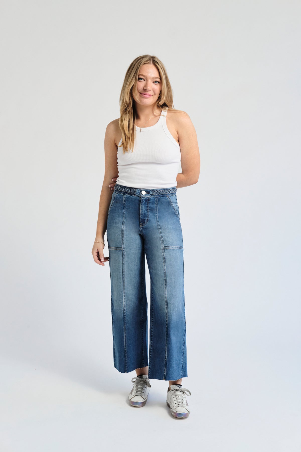 High Rise Wide Leg Braided Waistband Denim - Bolti