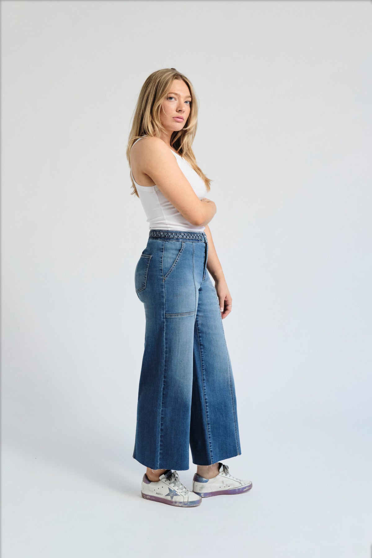 High Rise Wide Leg Braided Waistband Denim - Bolti