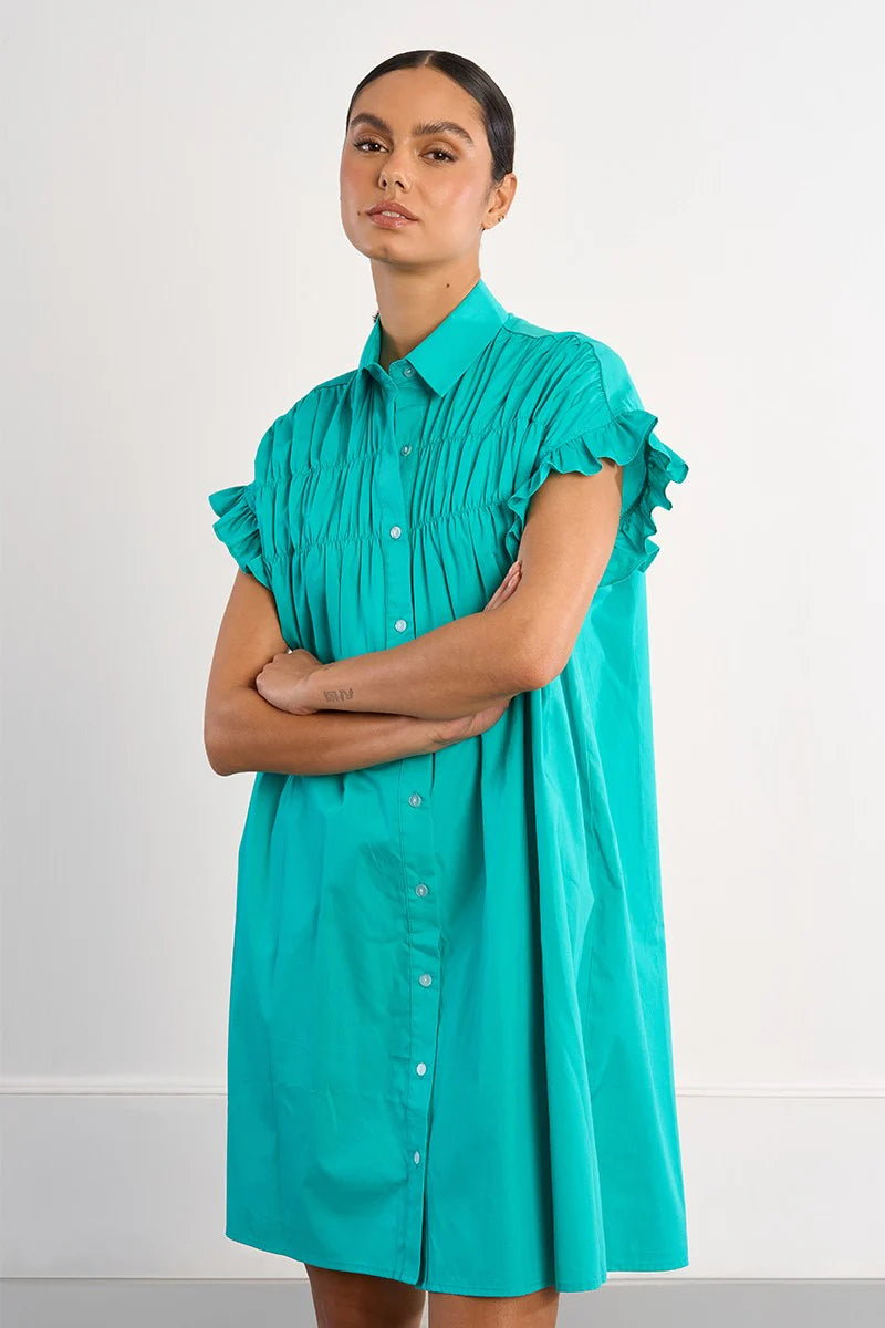 Smocked Cotton Shirt Dress - Mint