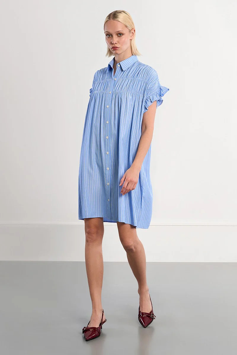 Smocked Cotton Shirt Dress - Blue Stripe