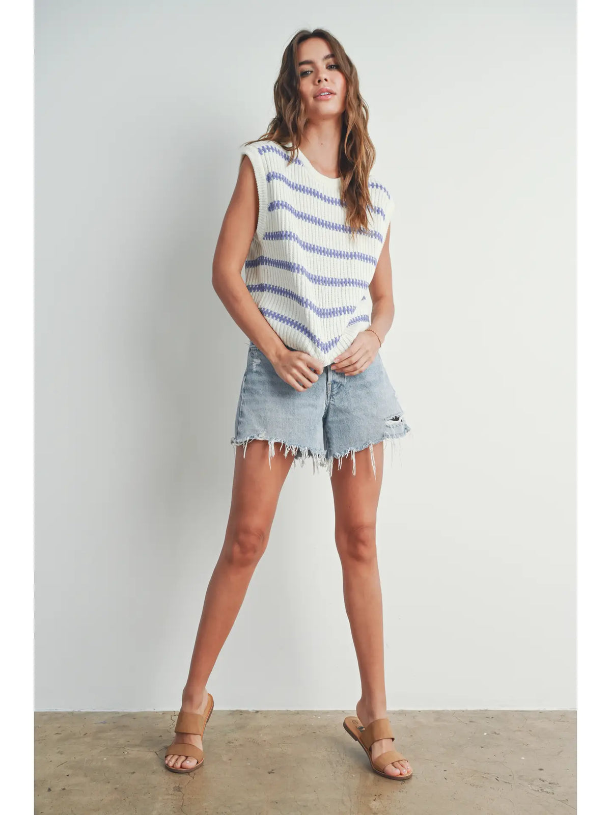 Crew Neck Striped Knit Tank Top - Ivory/Lavender