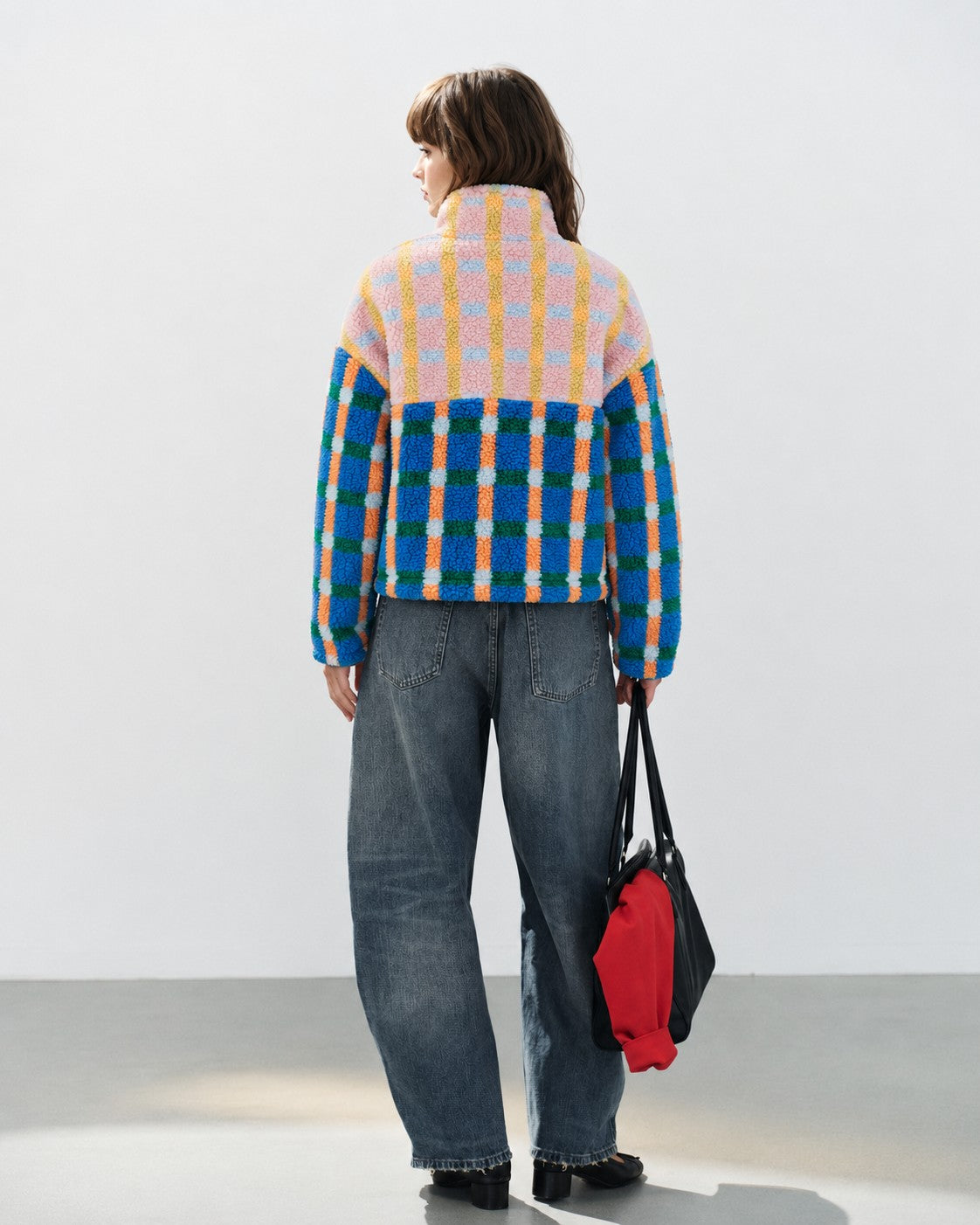 Mixed Plaid Color Block Sherpa Zip-Up Jacket - Blue/Pink