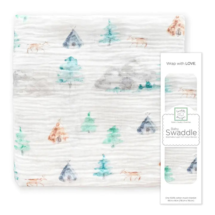 Watercolor Mountains & Trees Muslin Swaddle Blanket