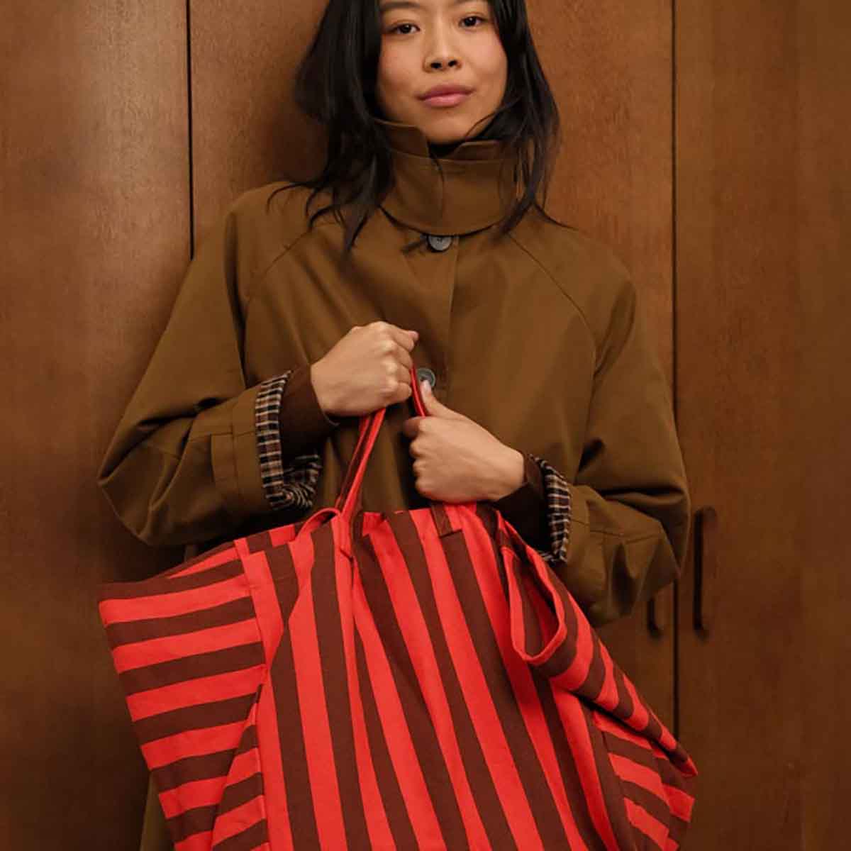Elisa Tote Bag Stripes- Brown/Tomato