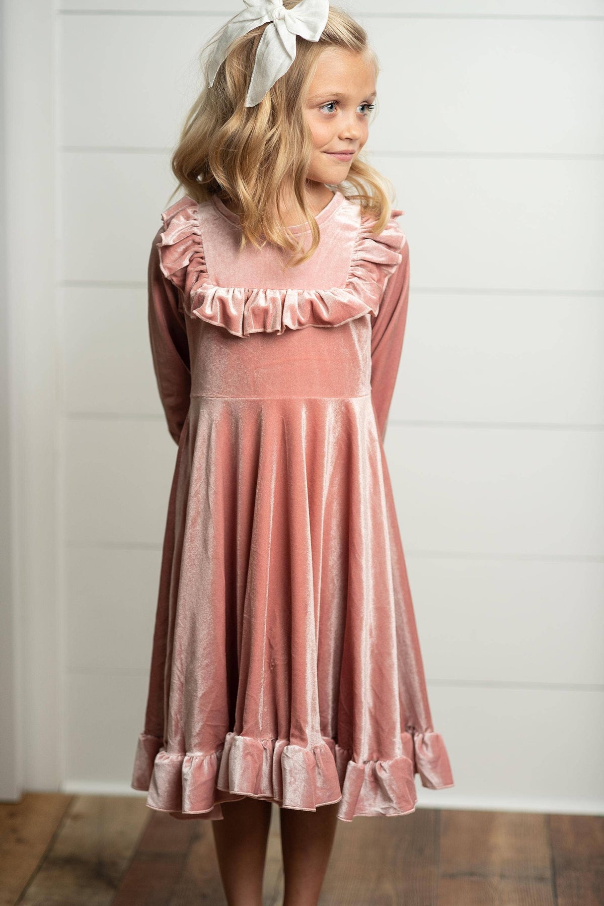 Kids Pink Velvet Ruffle Dress