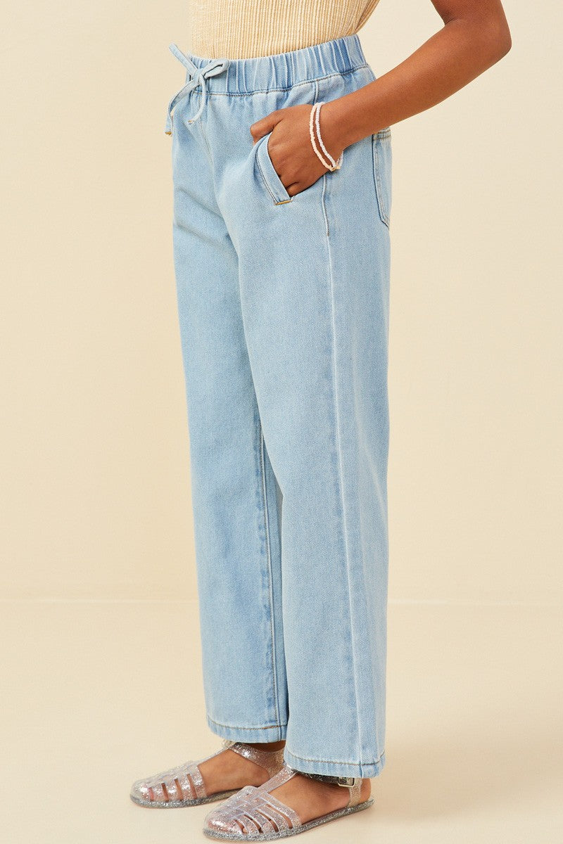 Girls Wide Leg Drawstring Waist Denim Pants