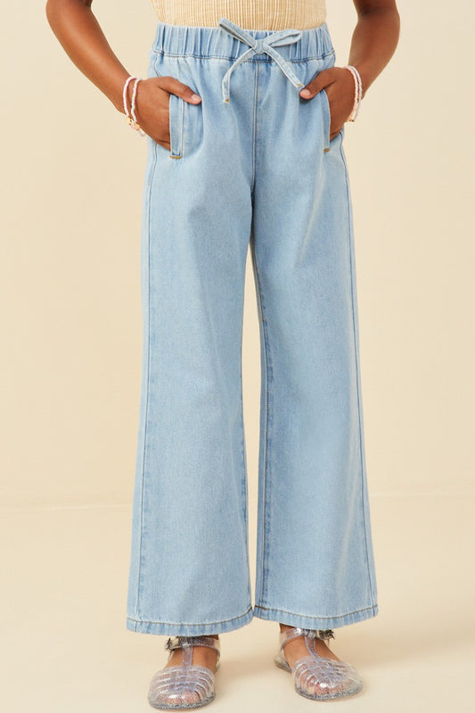 Girls Wide Leg Drawstring Waist Denim Pants