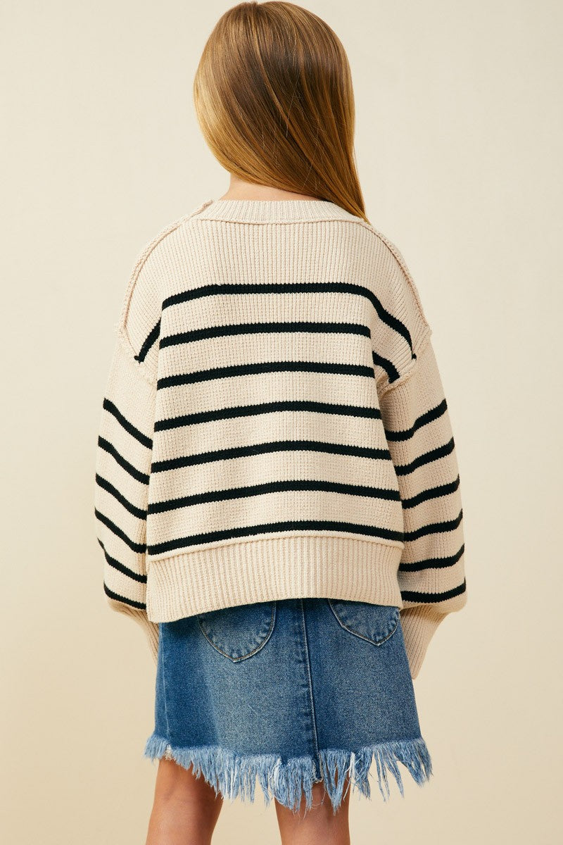 Girls Puff Sleeve Striped Sweater
