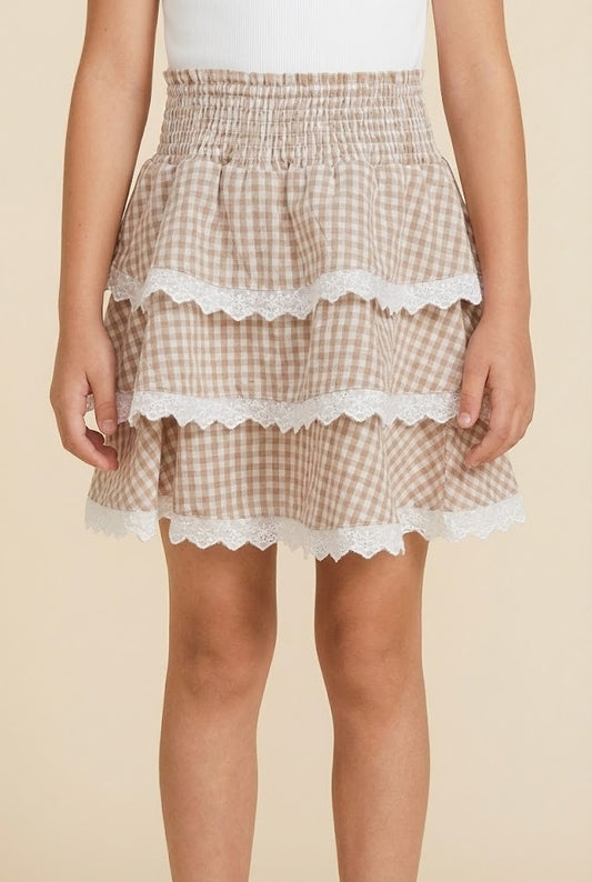 Girls Lace Trimmed Gingham Tiered Skirt