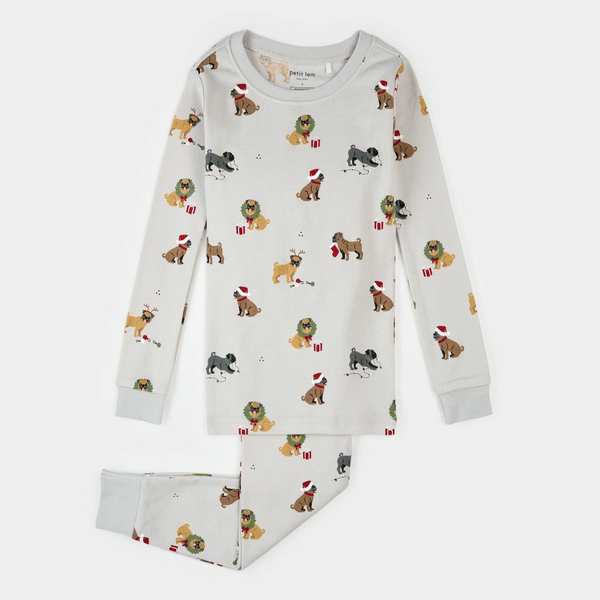 Holiday Pugs Print on Light Grey PJ Set