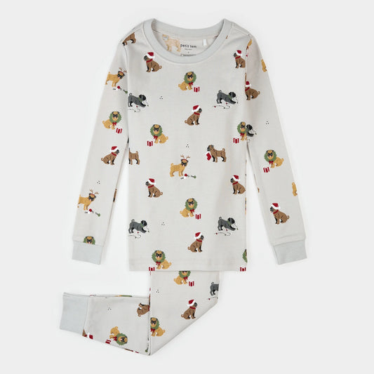 Holiday Pugs Print on Light Grey PJ Set