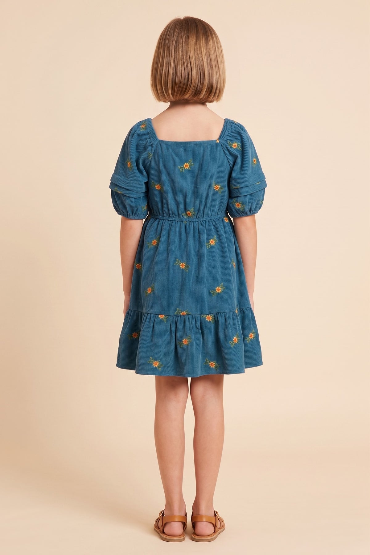 Floral Embroidered Corduroy Pleated Sleeve Dress