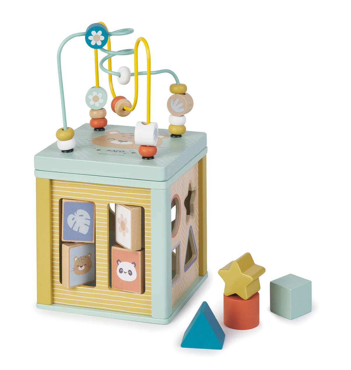 Colorful wooden toy with beads and shape sorter on a white background