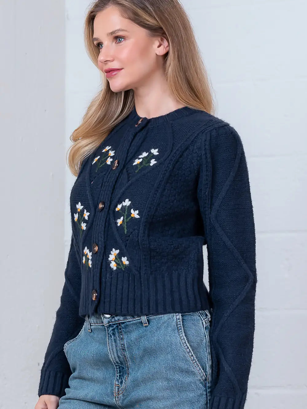 Cable Knit Cardigan Sweater with Daisys