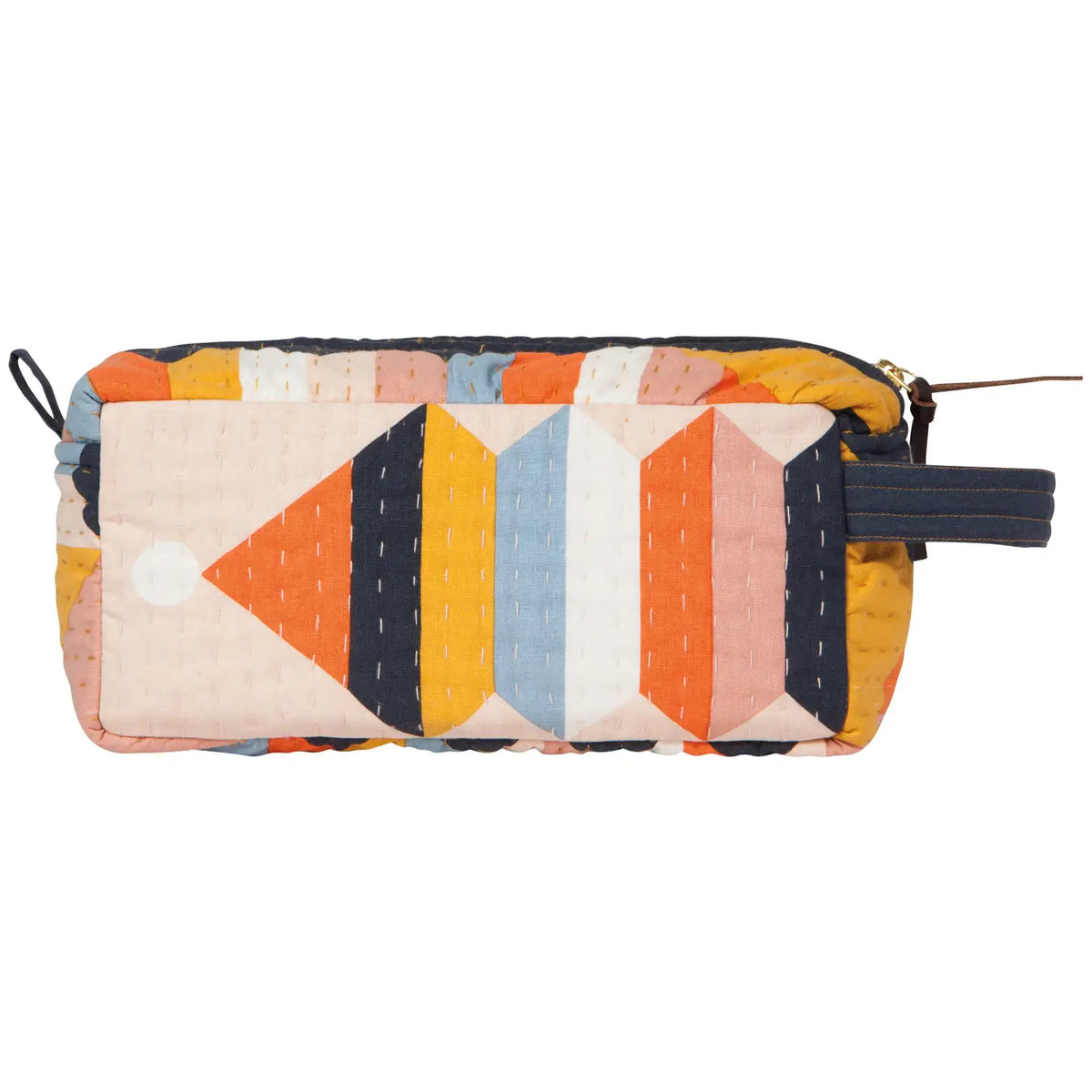Colorful quilted pouch with geometric pattern on a white background