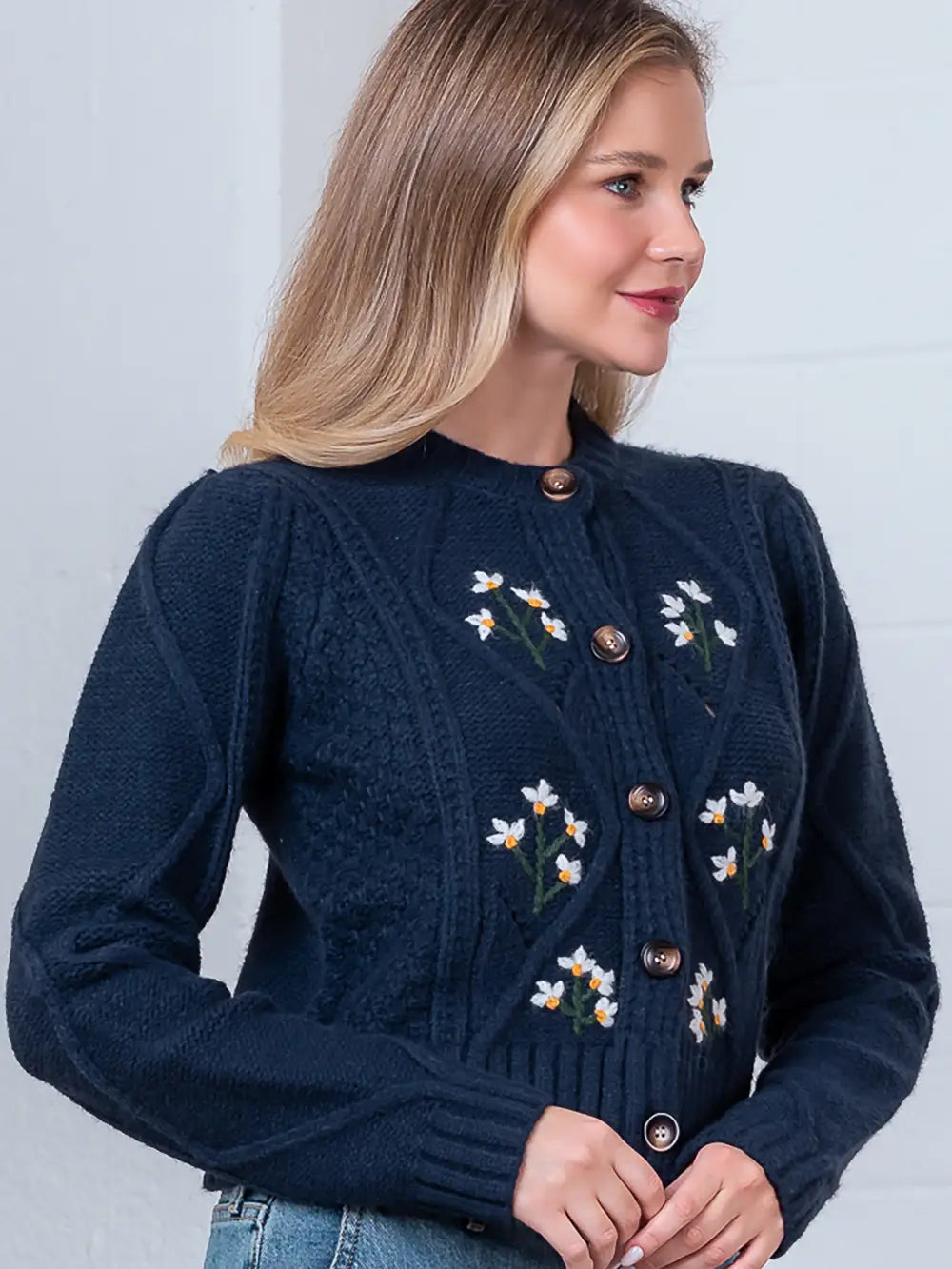 Cable Knit Cardigan Sweater with Daisys
