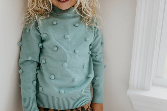 Kids Pom Pom Scalloped Neck Sweater