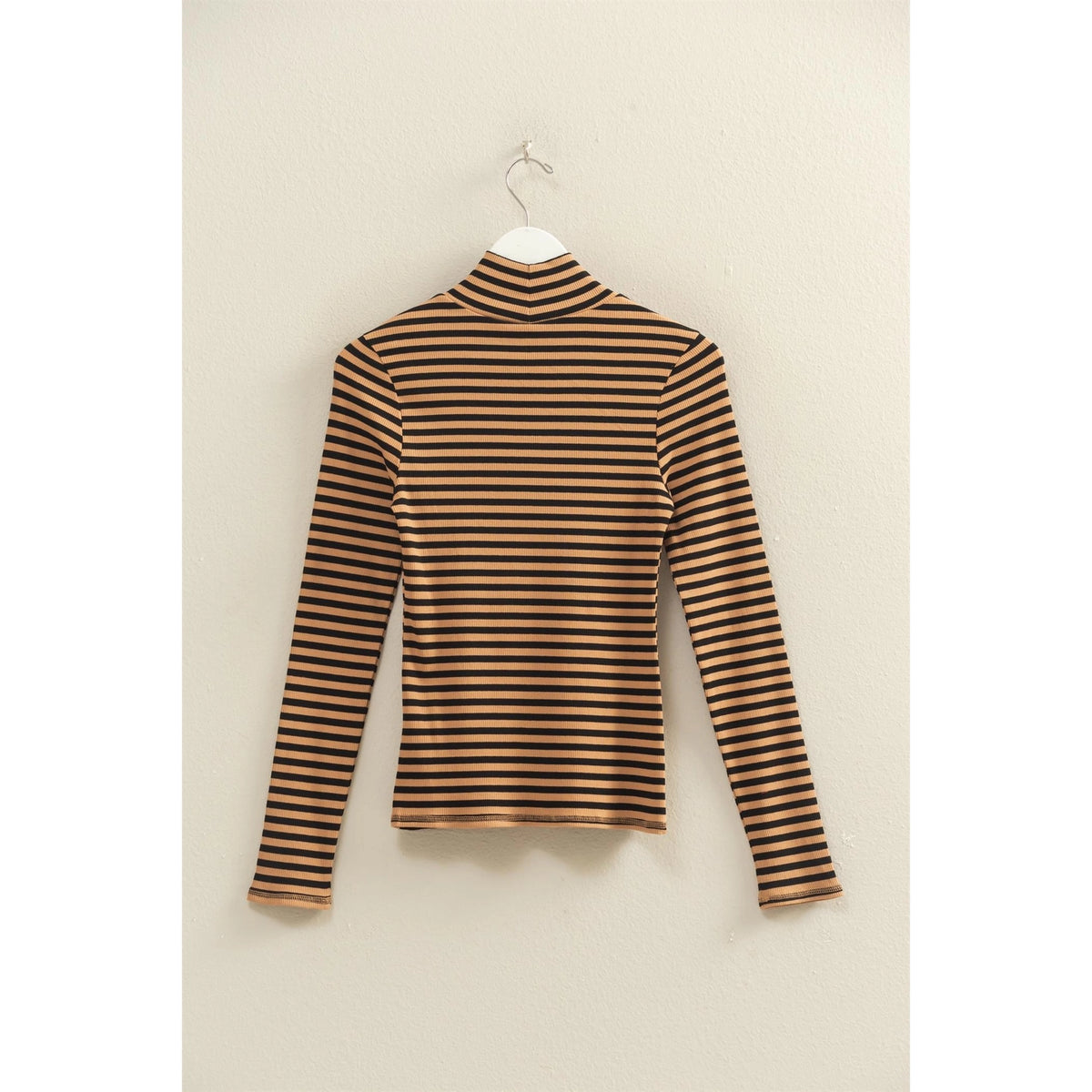 Striped Turtleneck Fitted Knit Top - Taupe