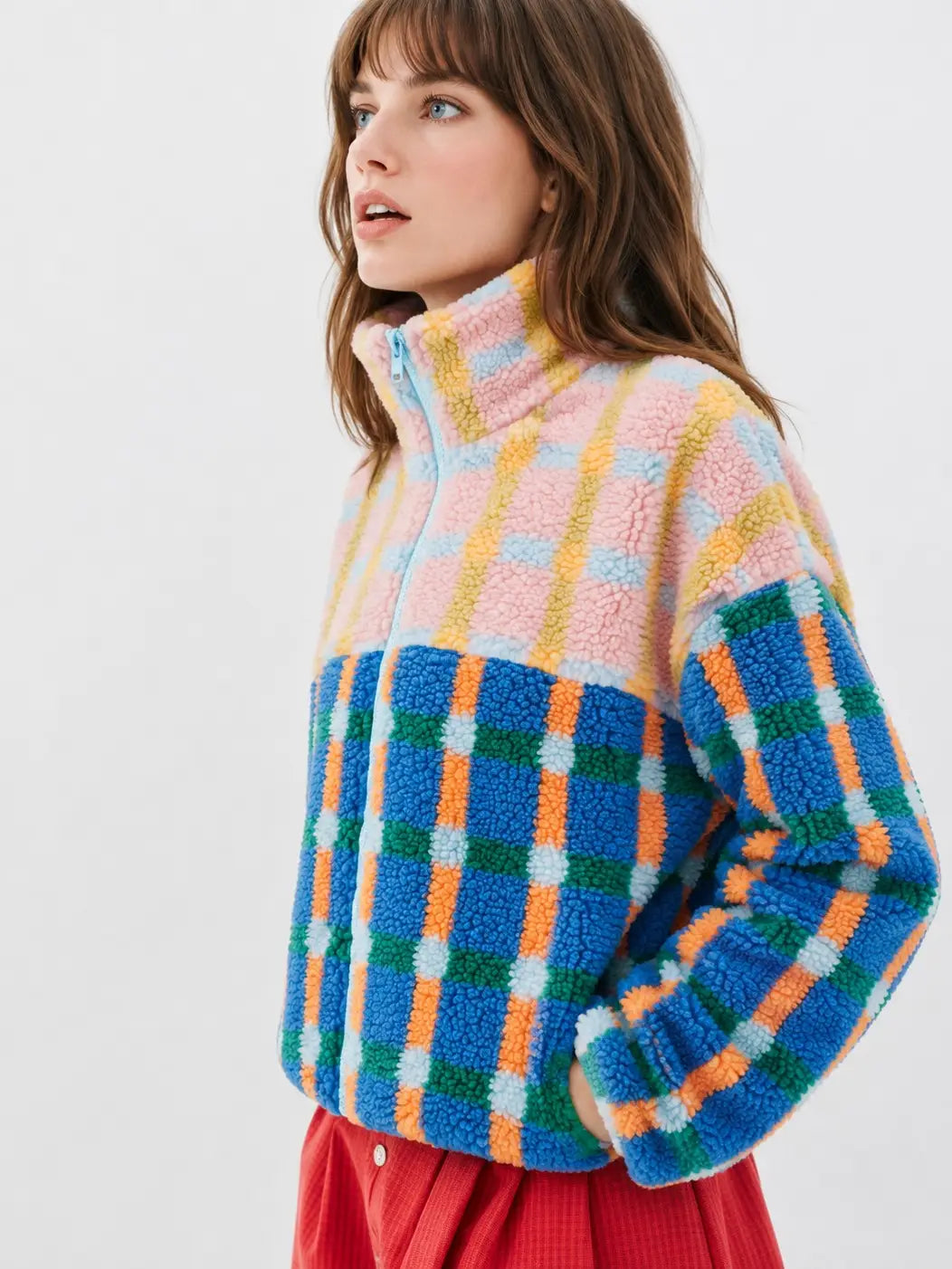 Mixed Plaid Color Block Sherpa Zip-Up Jacket - Blue/Pink