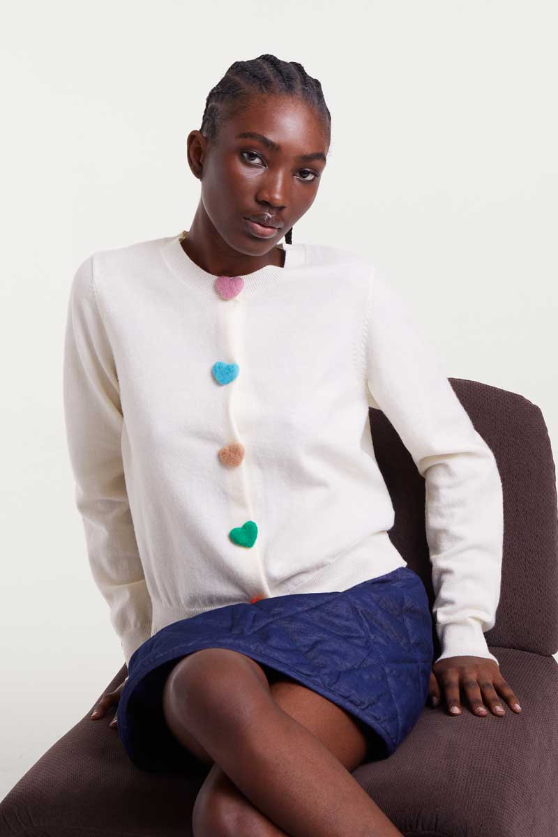 Heart Button-Front Cardigan Sweater - White