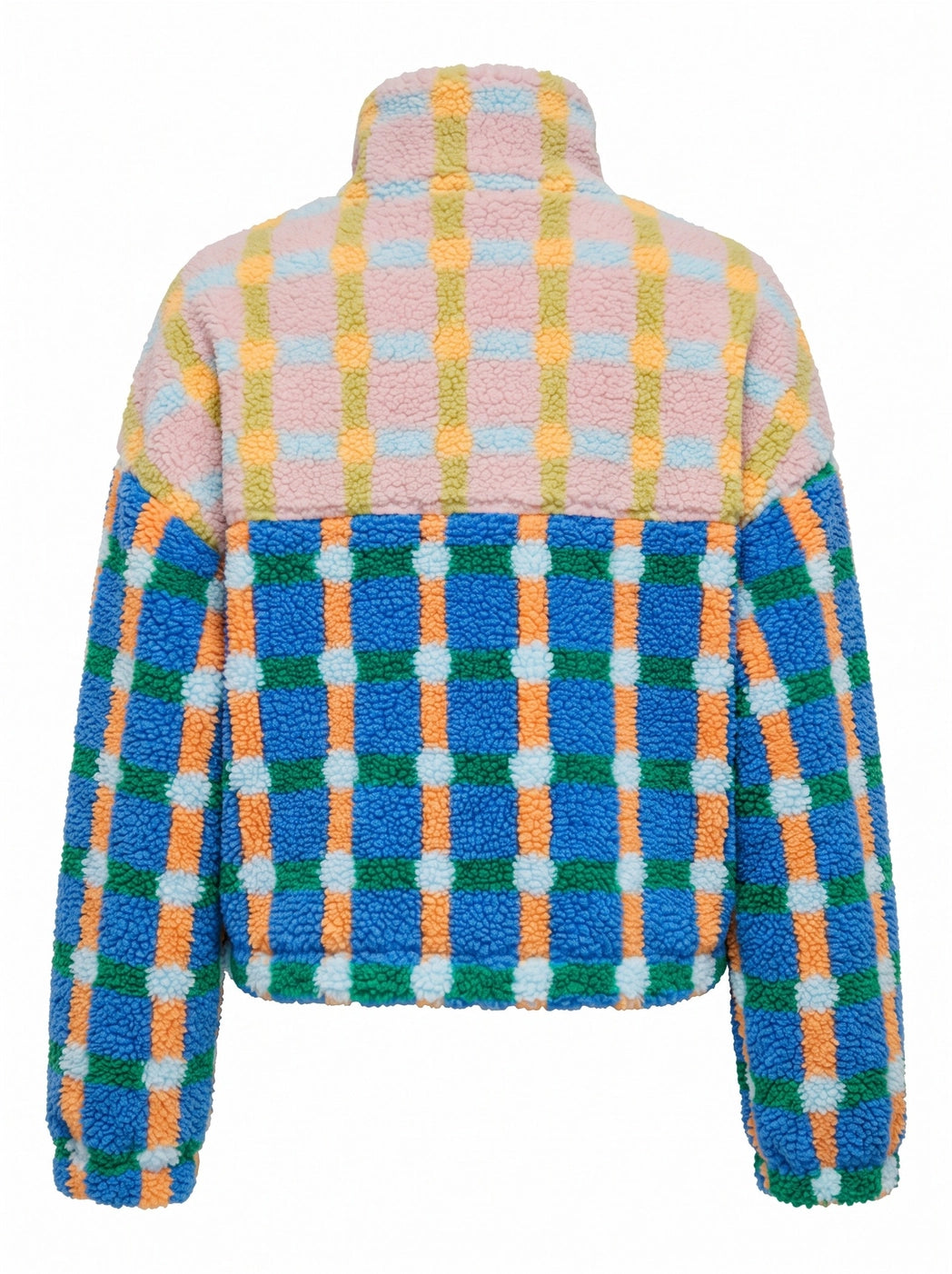 Mixed Plaid Color Block Sherpa Zip-Up Jacket - Blue/Pink