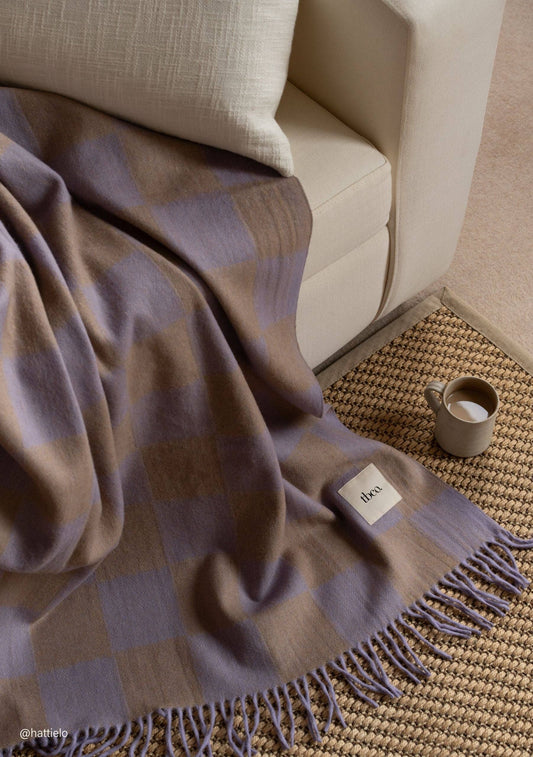 Recycled Wool Blanket in Lilac & Coffee Checkerboard