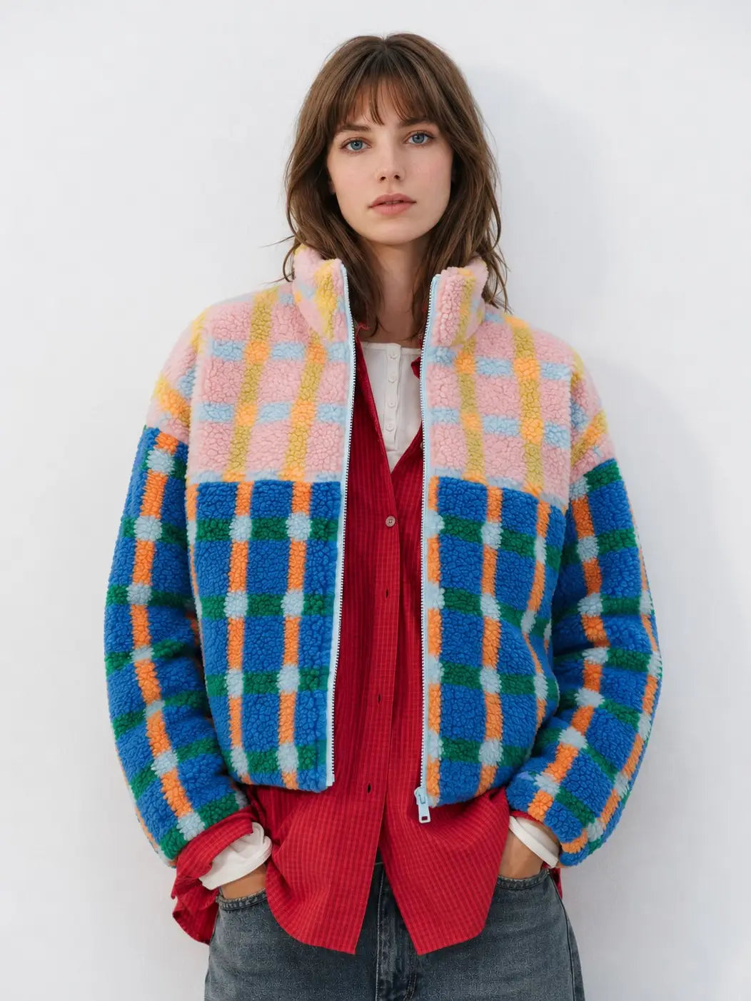 Mixed Plaid Color Block Sherpa Zip-Up Jacket - Blue/Pink