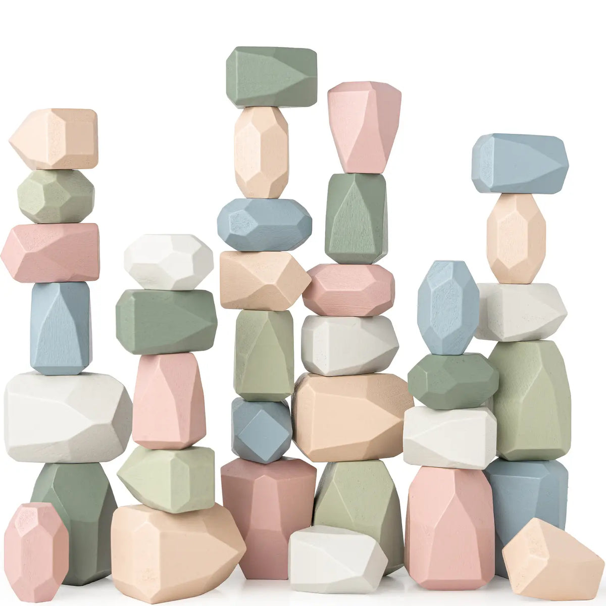 Colorful geometric toy stone blocks stacked on a white background