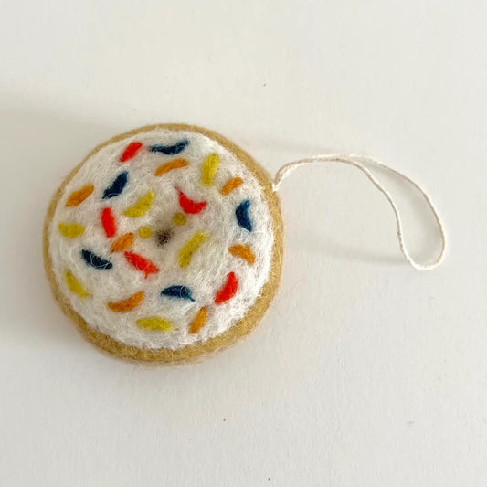Felted Wool Donut Ornament - White Glaze