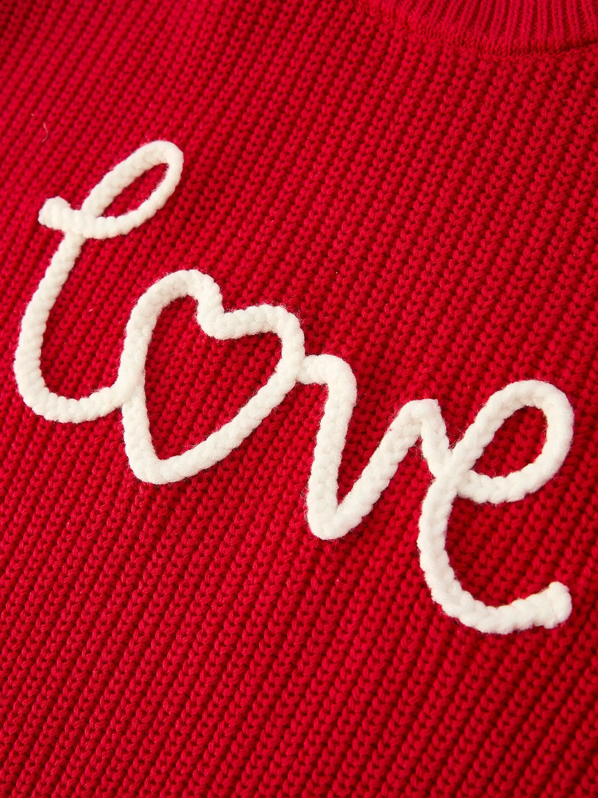 Red Knit Sweater "Love" Embroidery