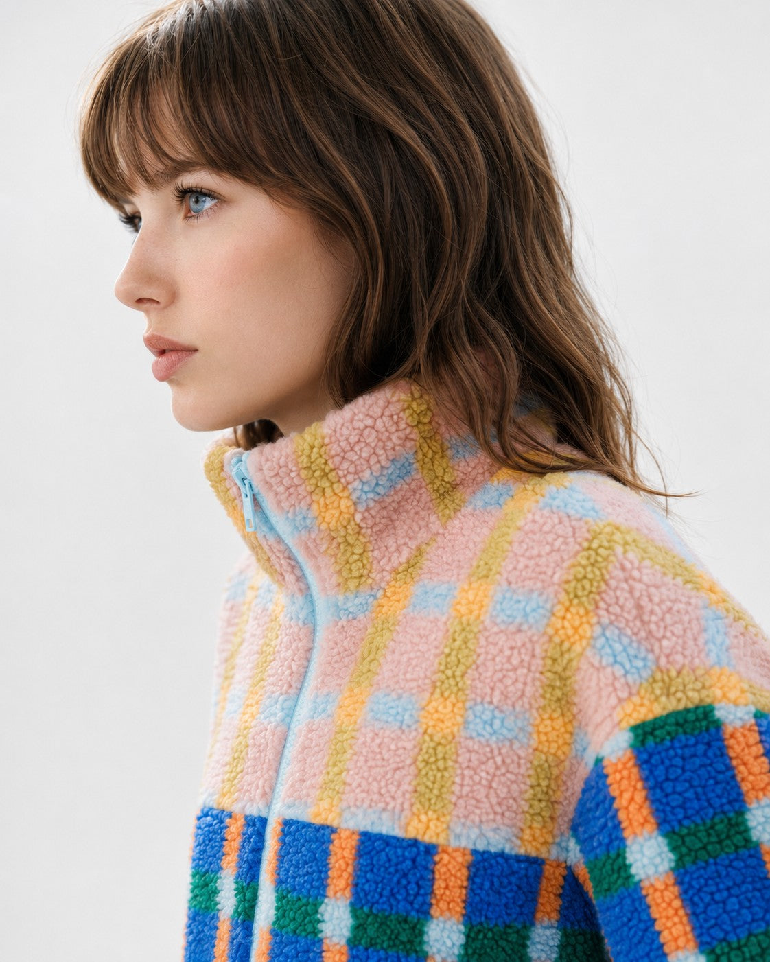 Mixed Plaid Color Block Sherpa Zip-Up Jacket - Blue/Pink