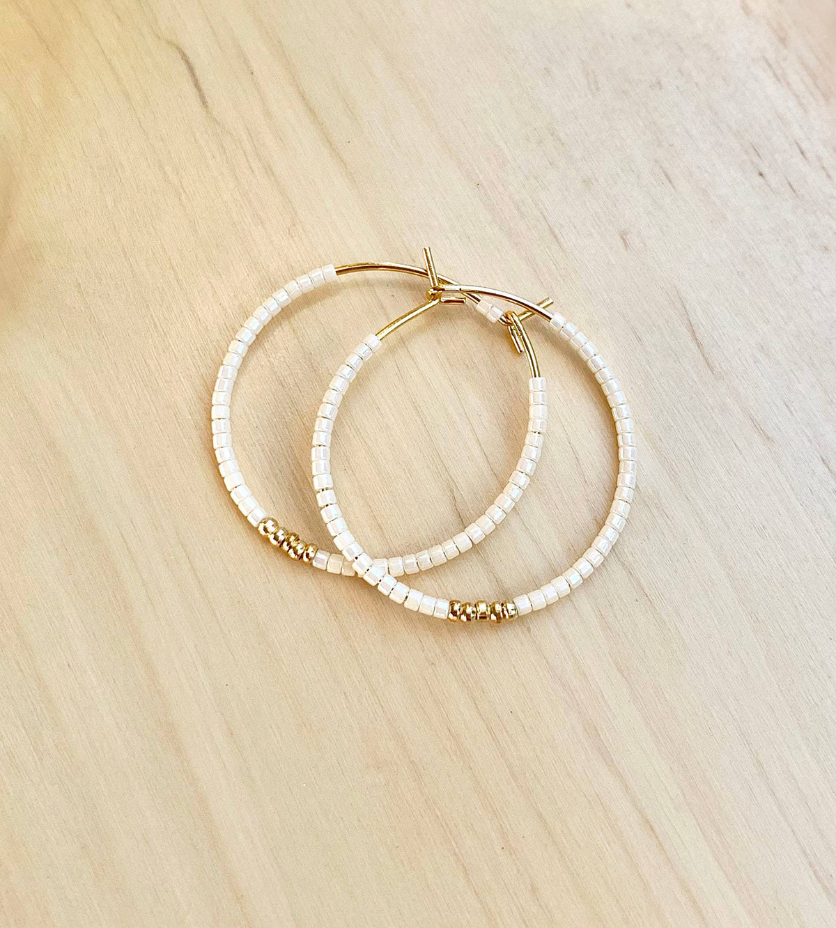 Cream and Gold Hoops | Beaded Hoop Earrings