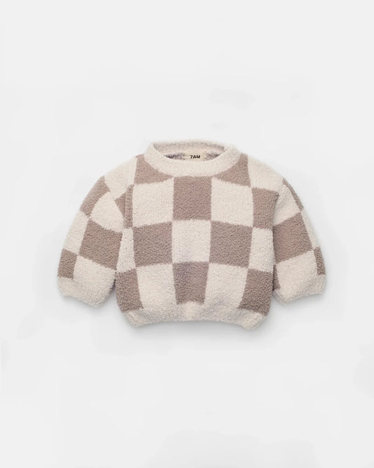 Boxy Sweater - Fuzzy Checkers Ecru & Taupe