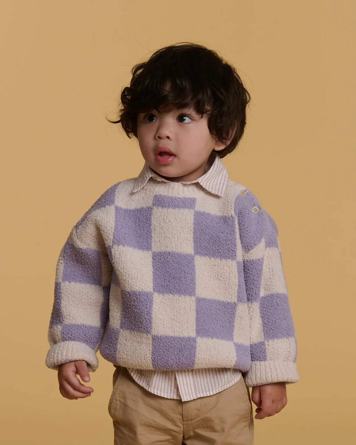 Boxy Sweater - Fuzzy Checkers Ecru & Taro