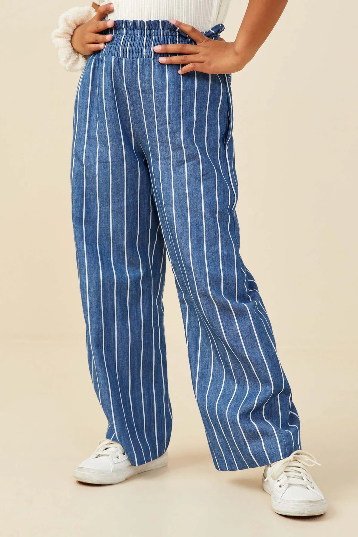Smocked Waist Pinstripe Wide Leg Chambray Pants