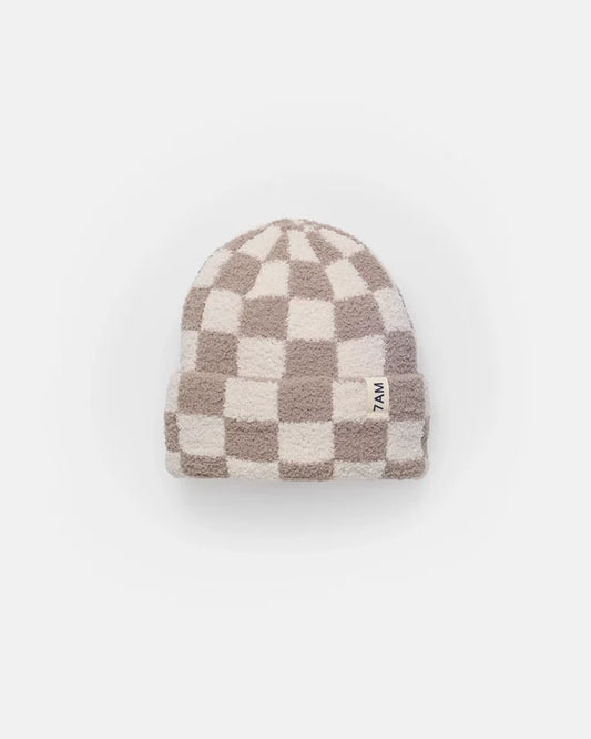 Fuzzy Checkers Beanie - Ecru/Taupe