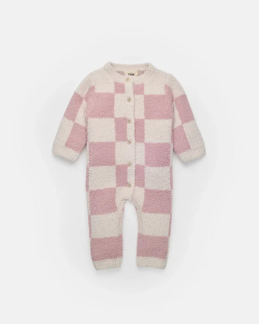 Fuzzy Checkers Romper -Ecru/Rose