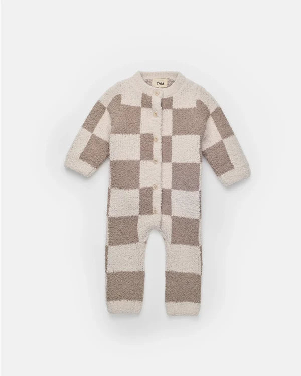 Fuzzy Checkers Romper -Ecru/Taupe