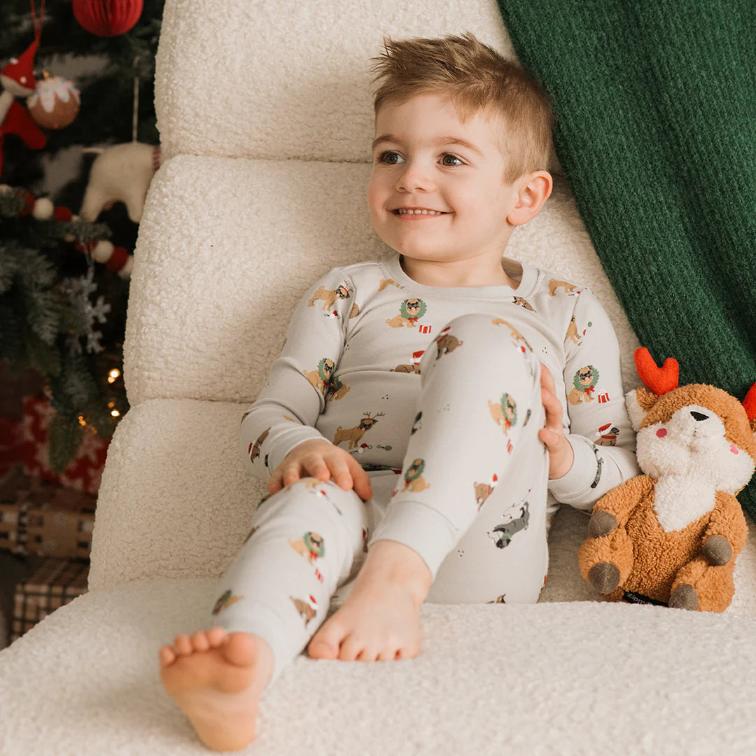 Holiday Pugs Print on Light Grey PJ Set