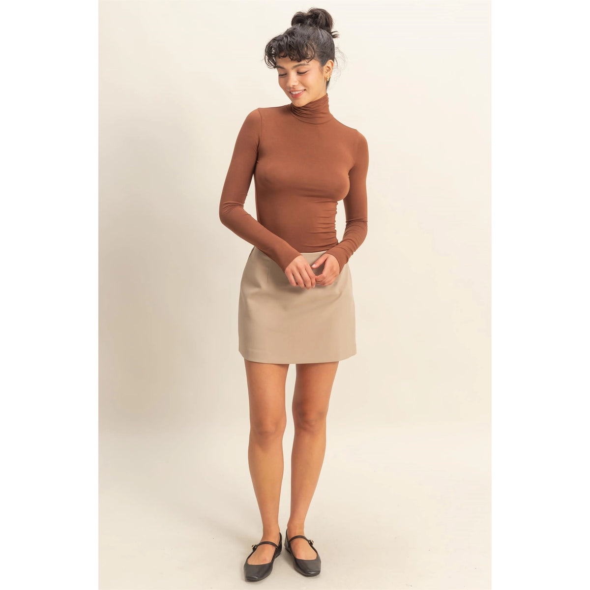 Turtleneck Long Sleeve Fitted Top - Chestnut